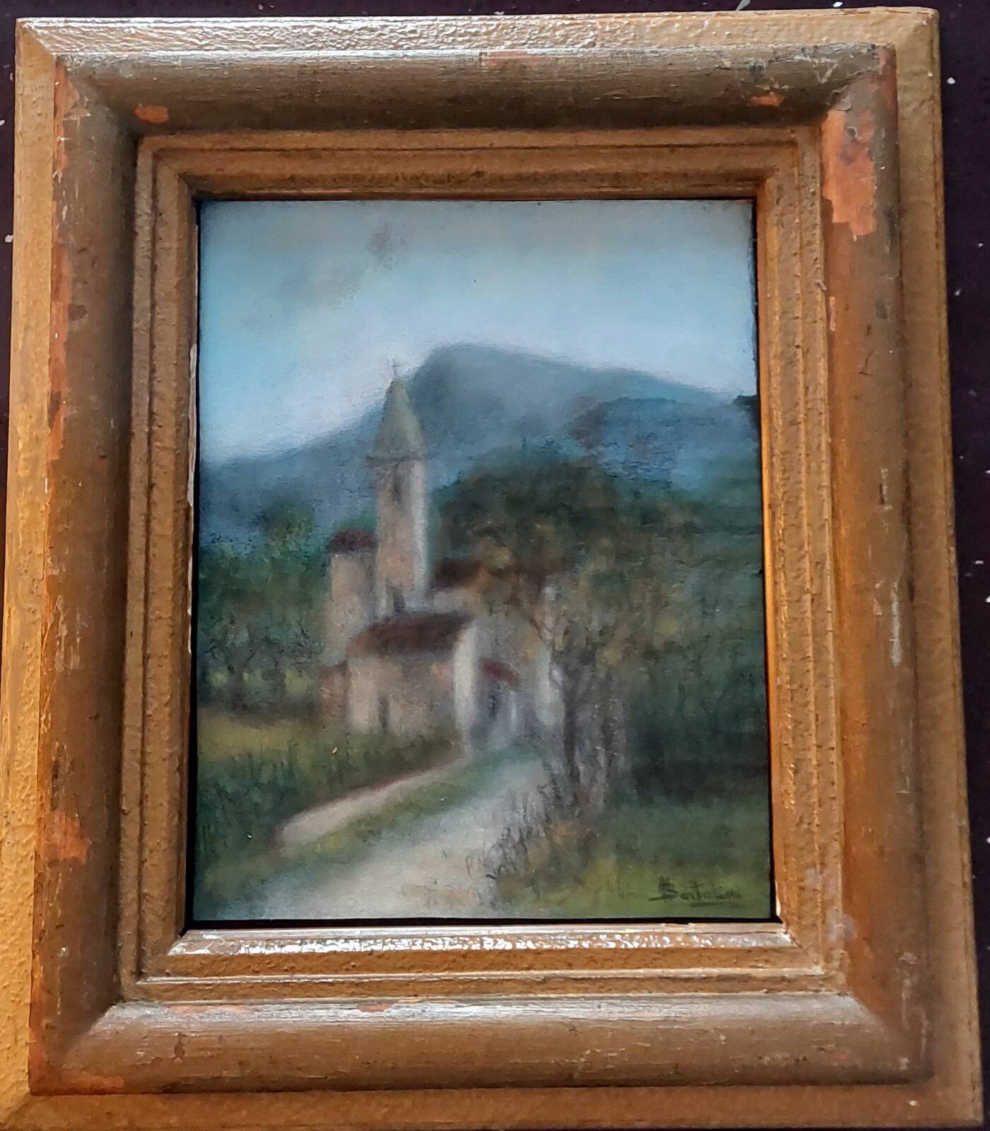 Old pastel painting on paper signed landscape Bartalini with frame.