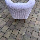 Vintage cocktail chair in pale pink faux fur, solid beech legs - 1950s