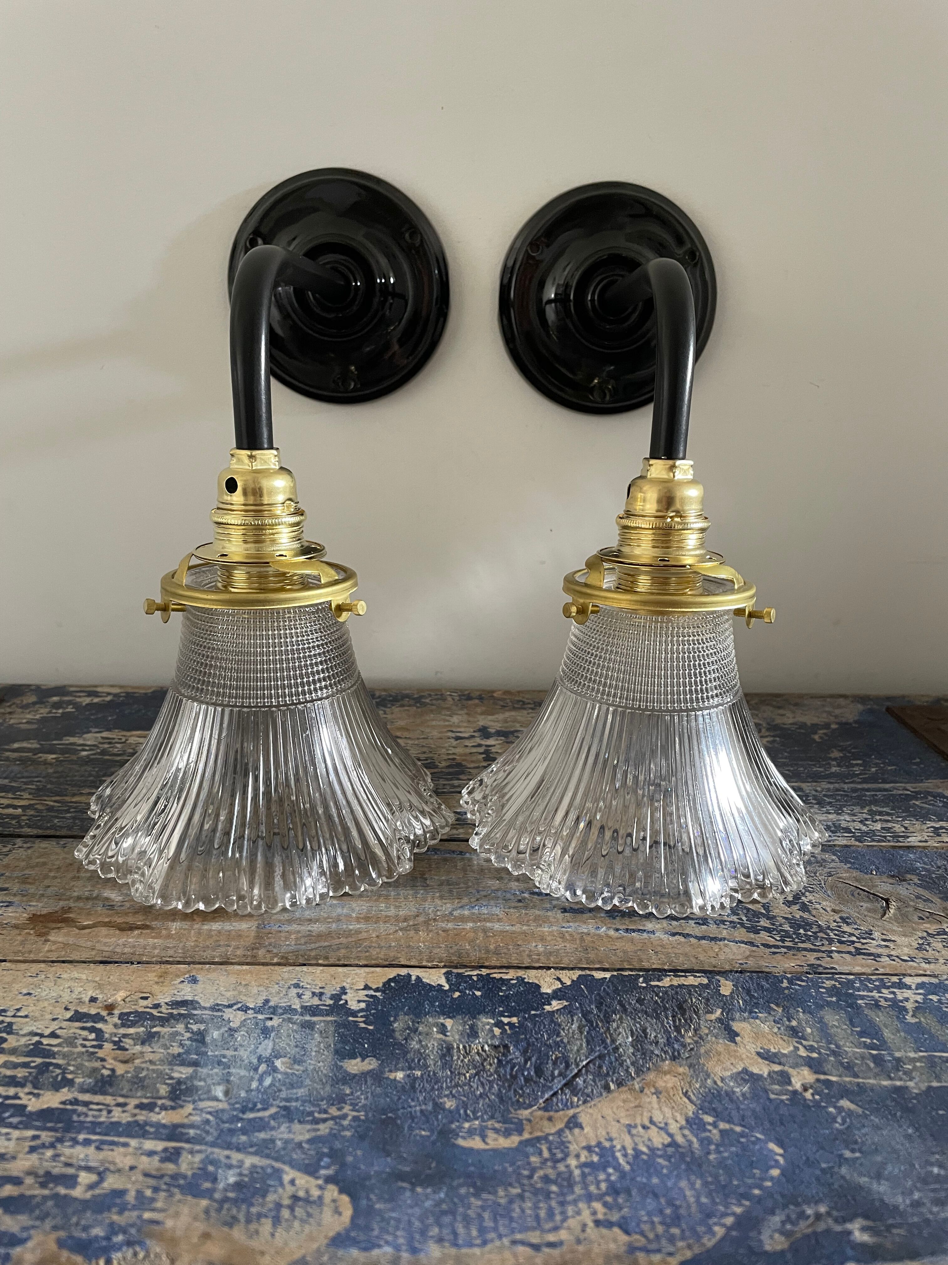 Pair of vintage holophane glass sconces electrified