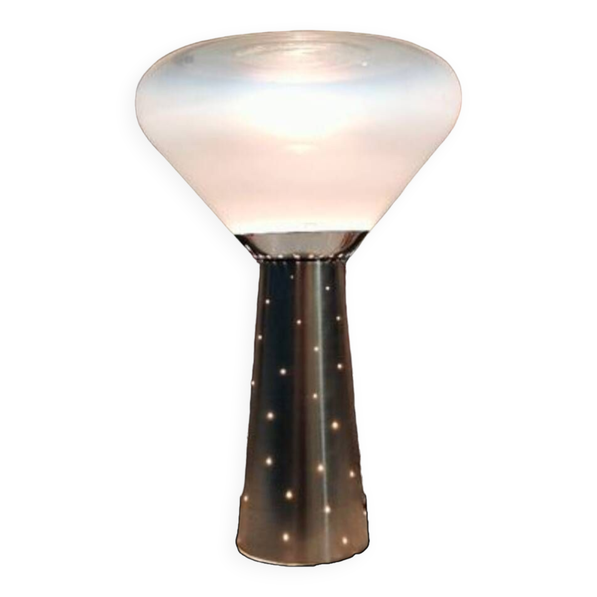 Lampe acier brossé vintage abat jour transparent blanc Italie  1970
