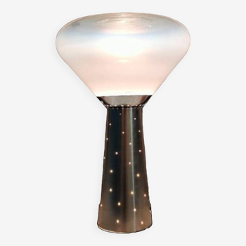 Lampe acier brossé vintage abat jour transparent blanc Italie  1970