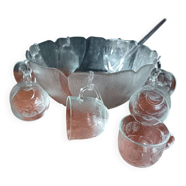 Service à punch, saladier, 8 bols en verre vintage, Primavera Italie