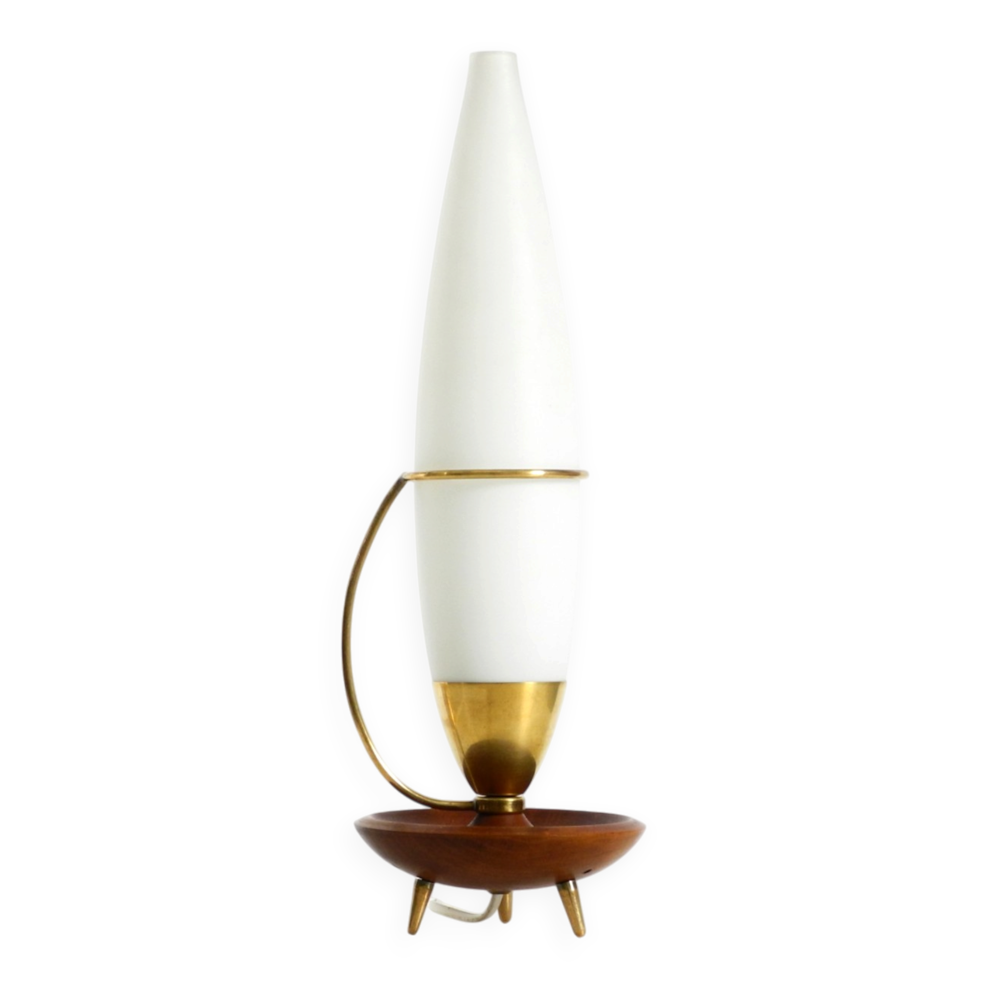 Large 1950s table lamp made of brass and teak, with a frosted glass shade