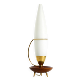 Large 1950s table lamp made of brass and teak, with a frosted glass shade