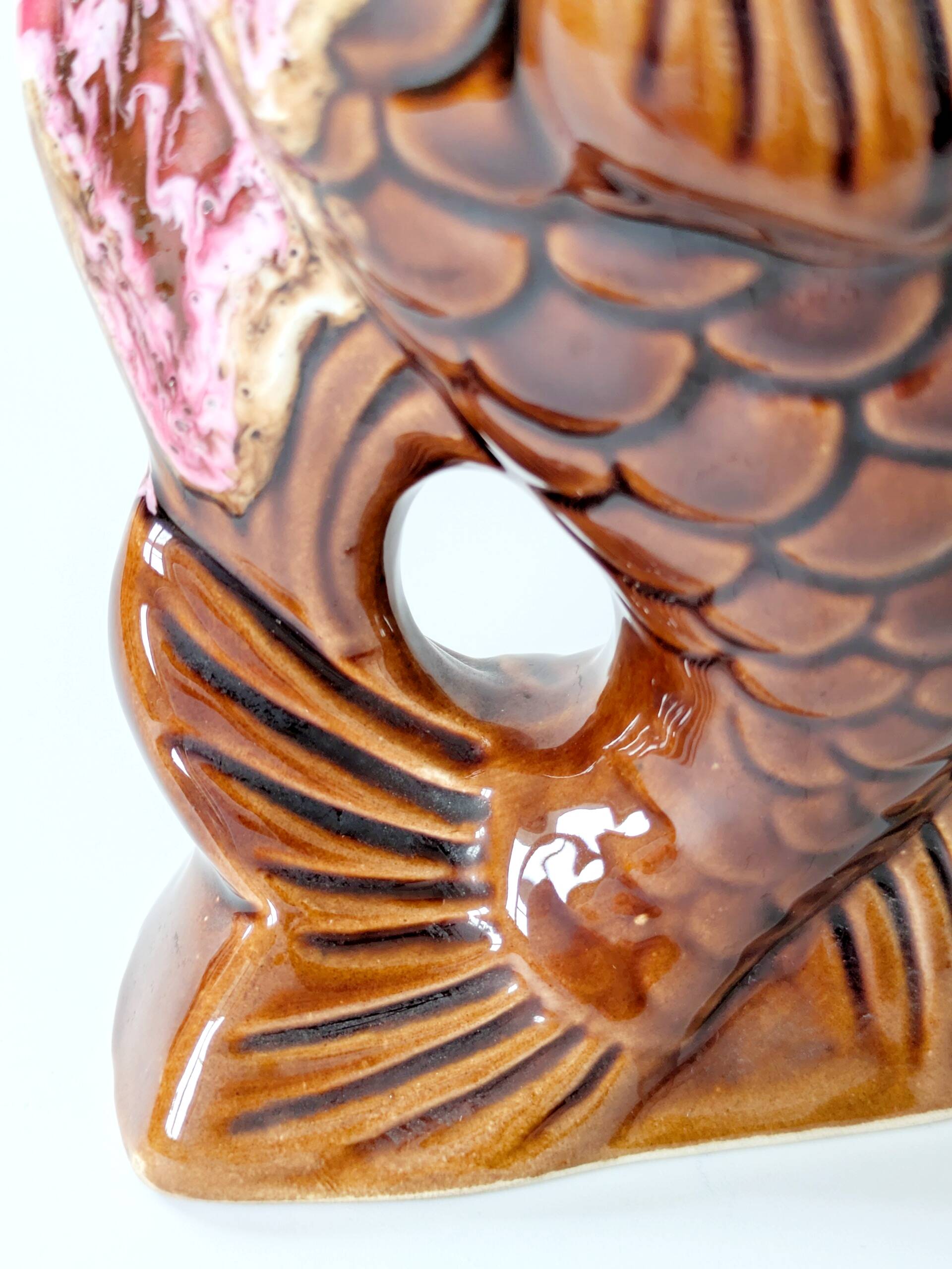 Vallauris fish pitcher vase from the 60s, amber and pink