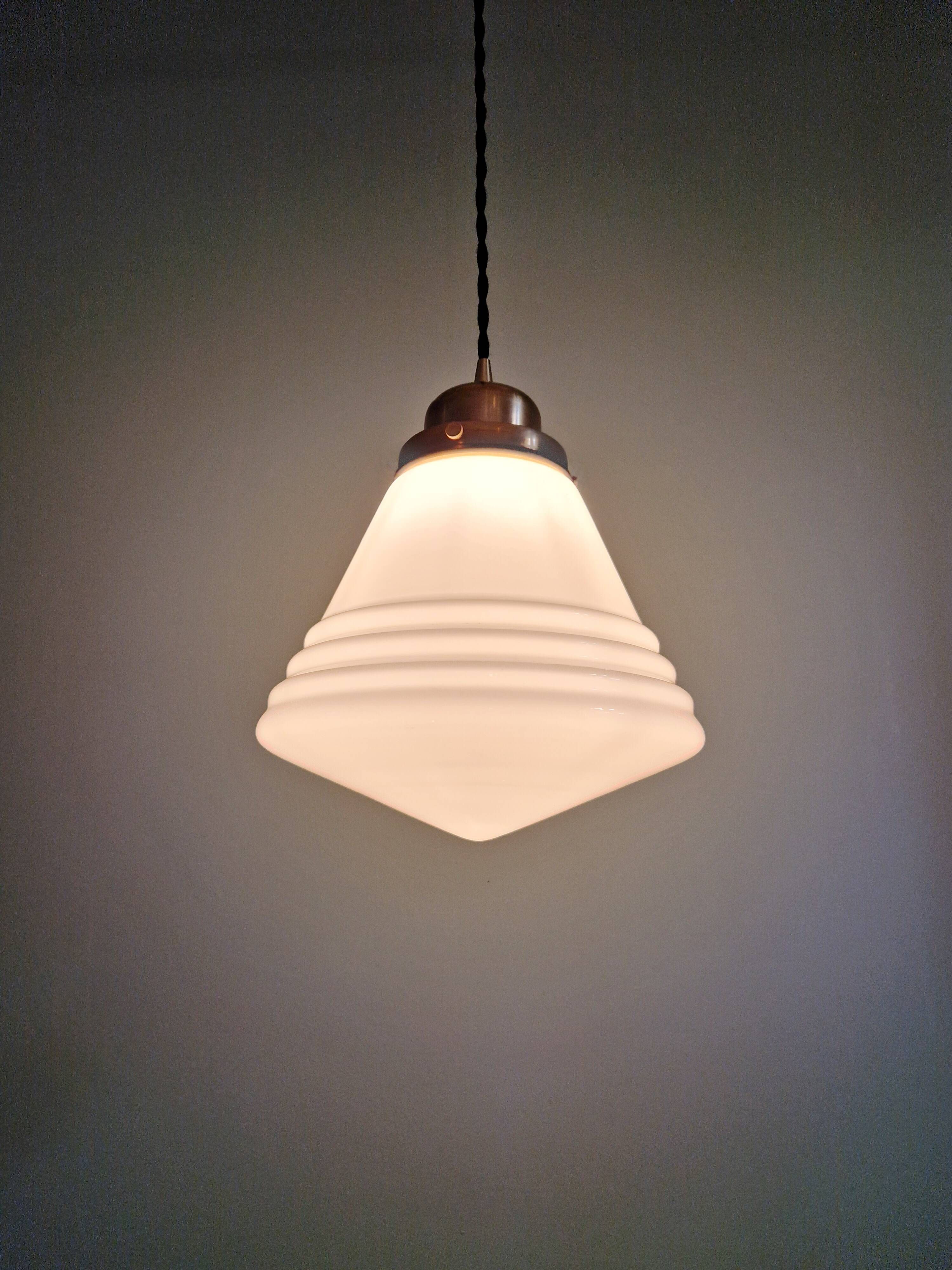 Art Deco Philips suspension in white opaline, 1930 (2 available)