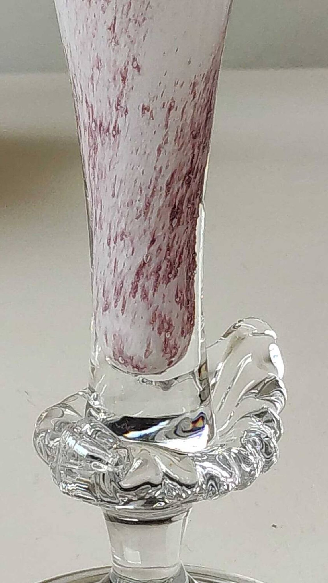 Peter Kaspar Soliflore Vase/Floral design, collared neck. Blown art glass, speckled purple. Shell inclusion. Dim 26.5 x 13 cm