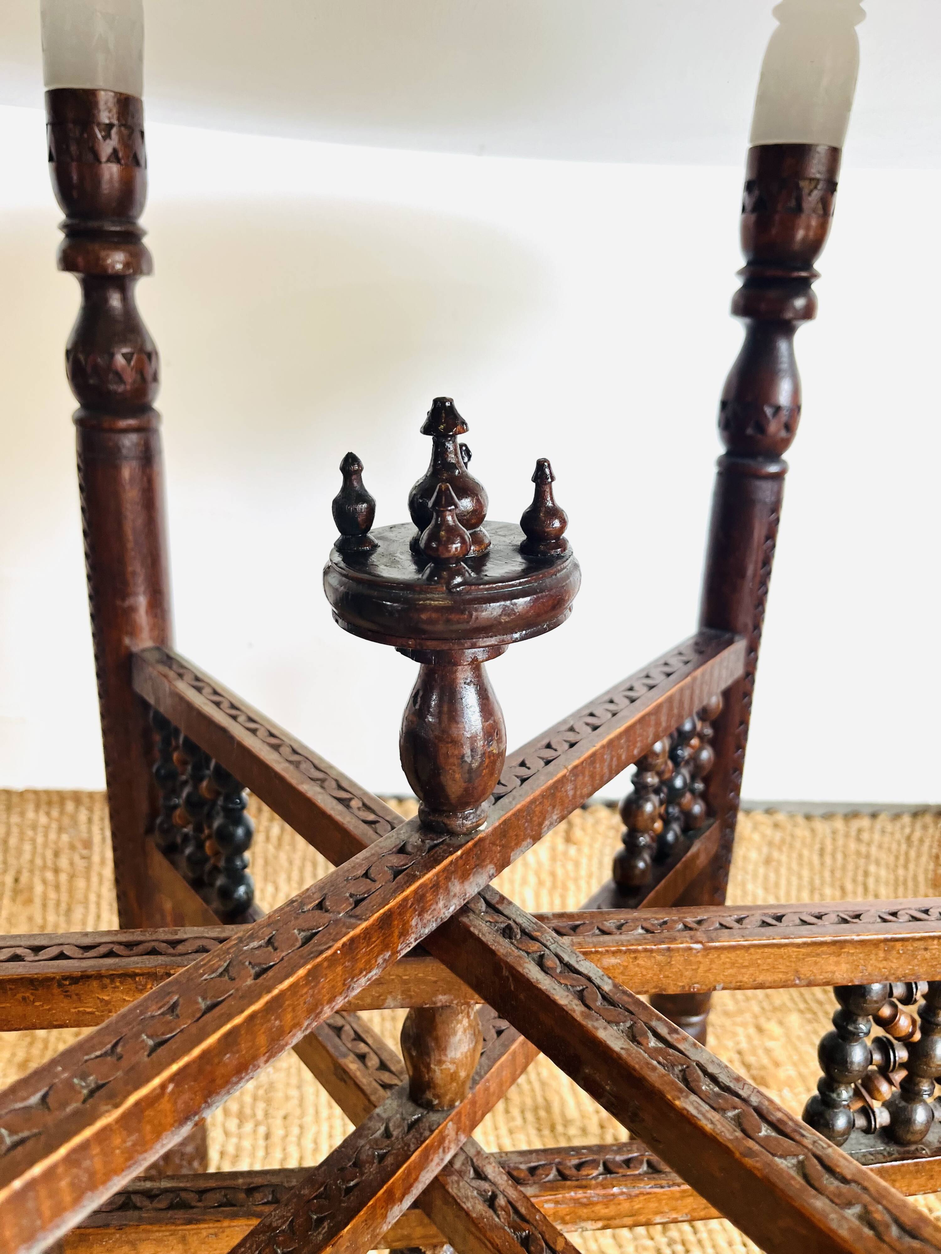 Moroccan hexagonal carved wood side table with glass top