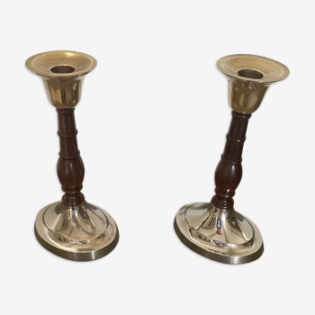 Pair of wood and brass candle holders