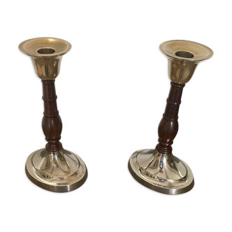 Pair of wood and brass candle holders