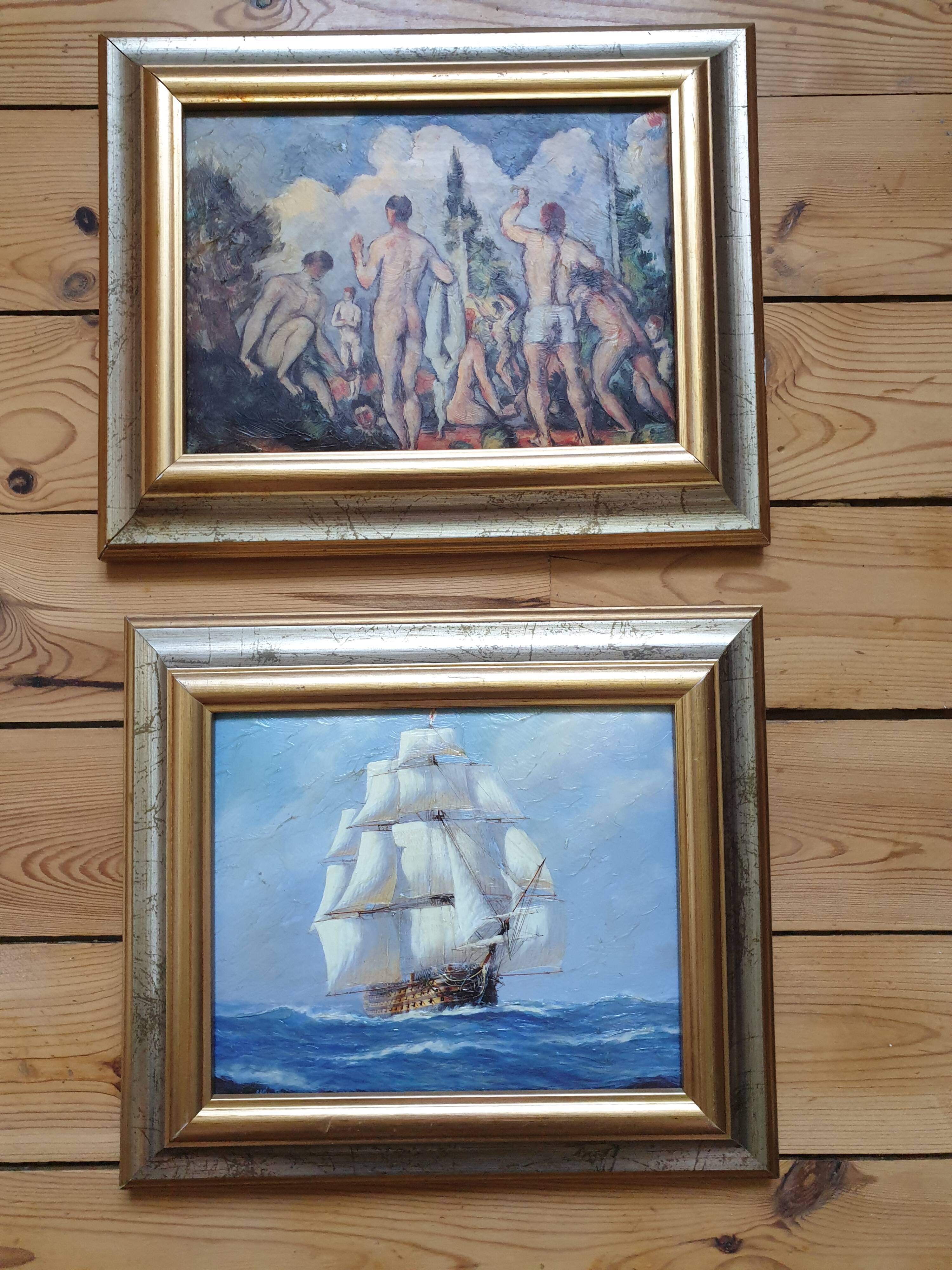 Set of two paintings with identical gold and silver frames