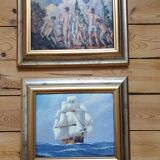 Set of two paintings with identical gold and silver frames