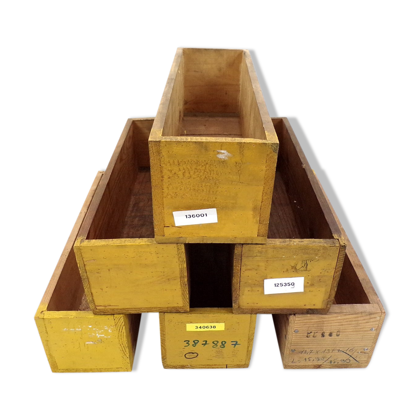 Set of 6 vintage workshop wooden storage boxes