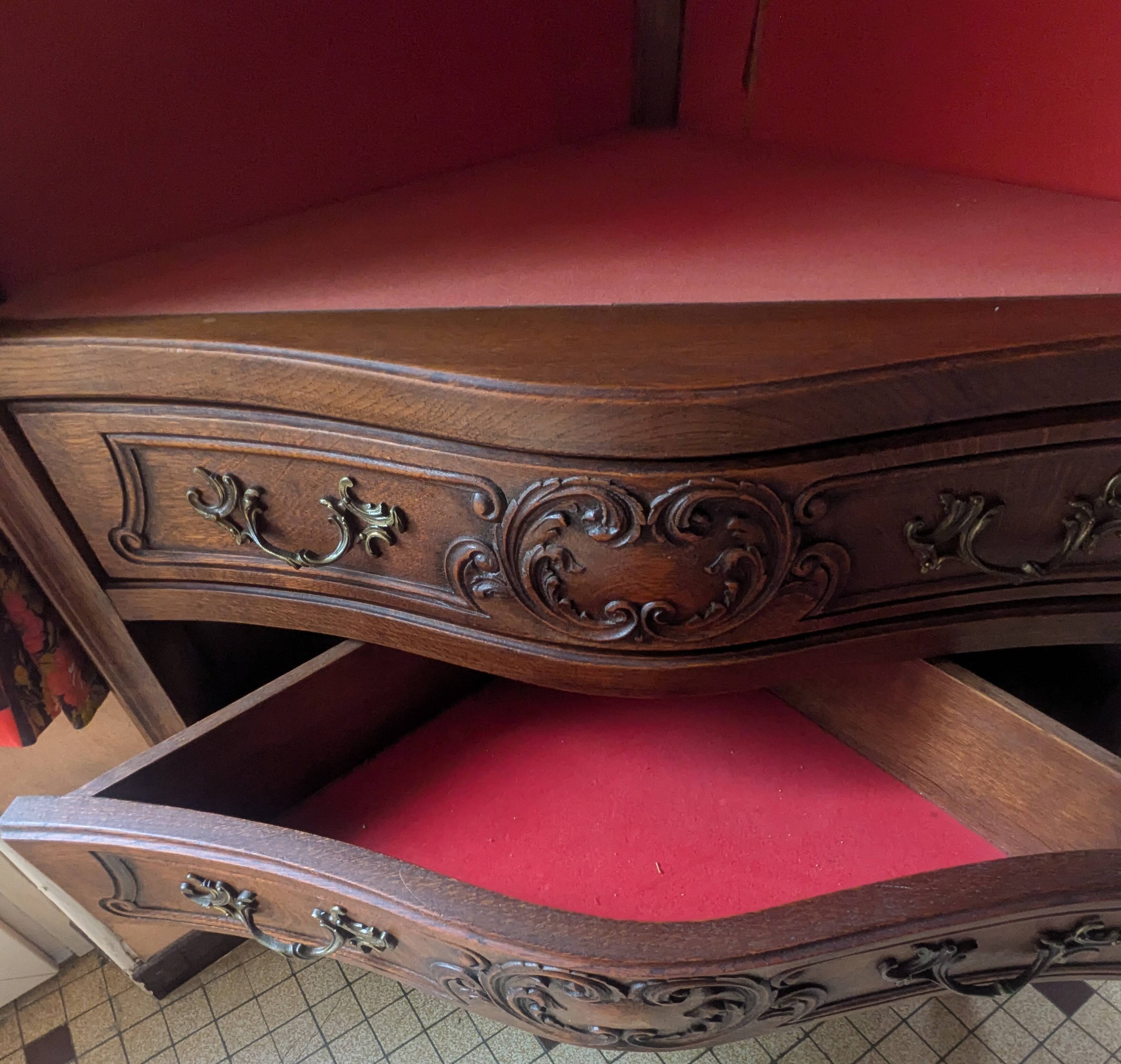 Antique corner cabinet in Louis XV style, topped with a marble surface.