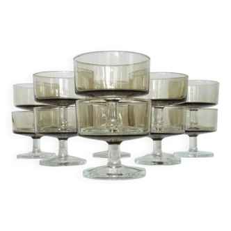 Set of 12 vintage Luminarc champagne glasses, Sweden model, smoked glass