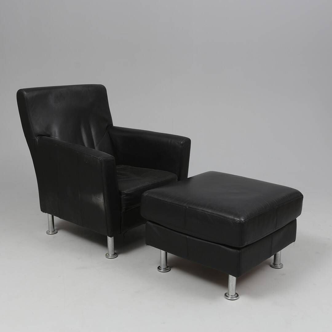 Modern Lounge Armchair with Matching Footstool — Black Leather