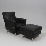 Modern Lounge Armchair with Matching Footstool — Black Leather