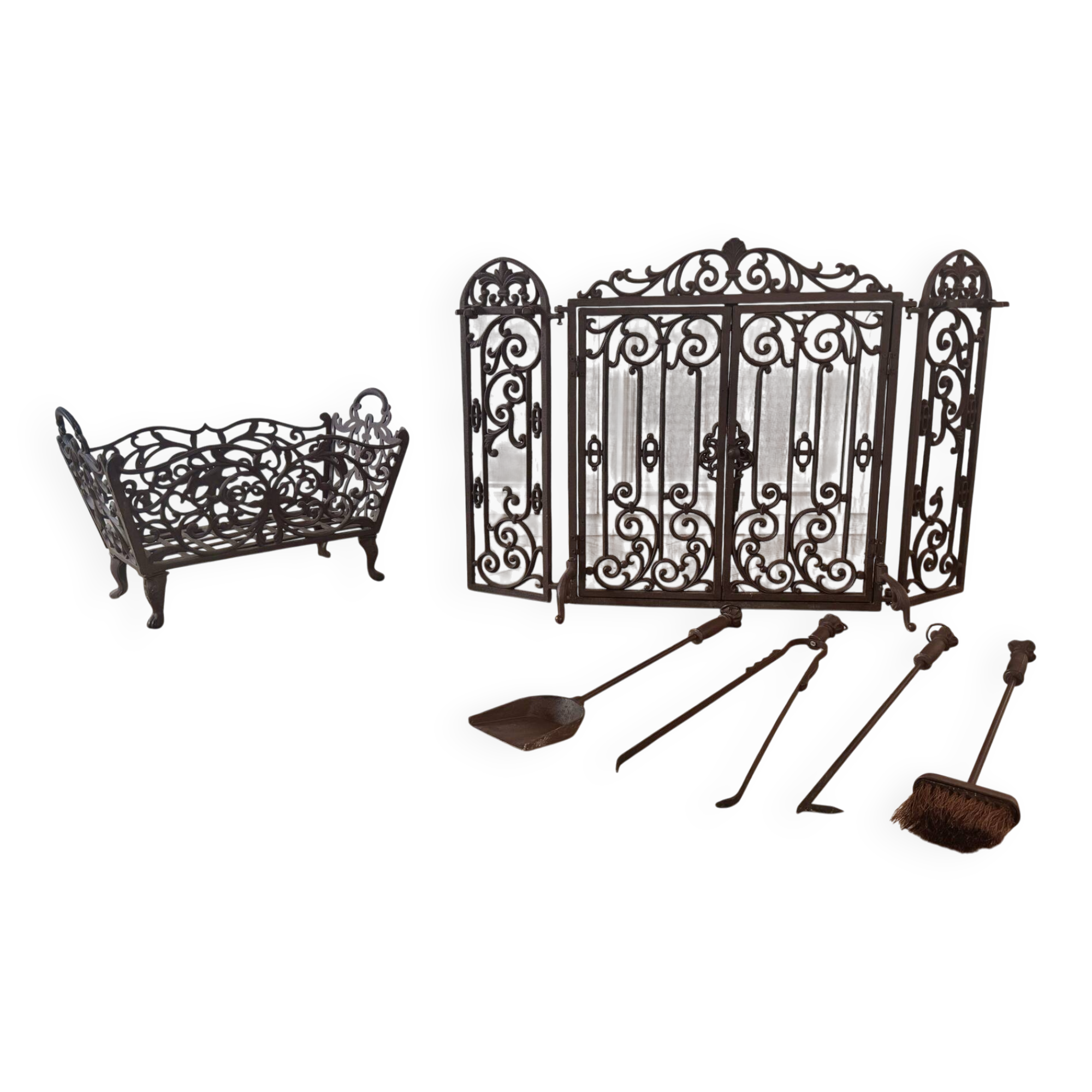 Wrought iron fire screen set with log basket, accessories.