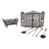 Wrought iron fire screen set with log basket, accessories.