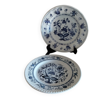 Old plates with blue floral decoration.