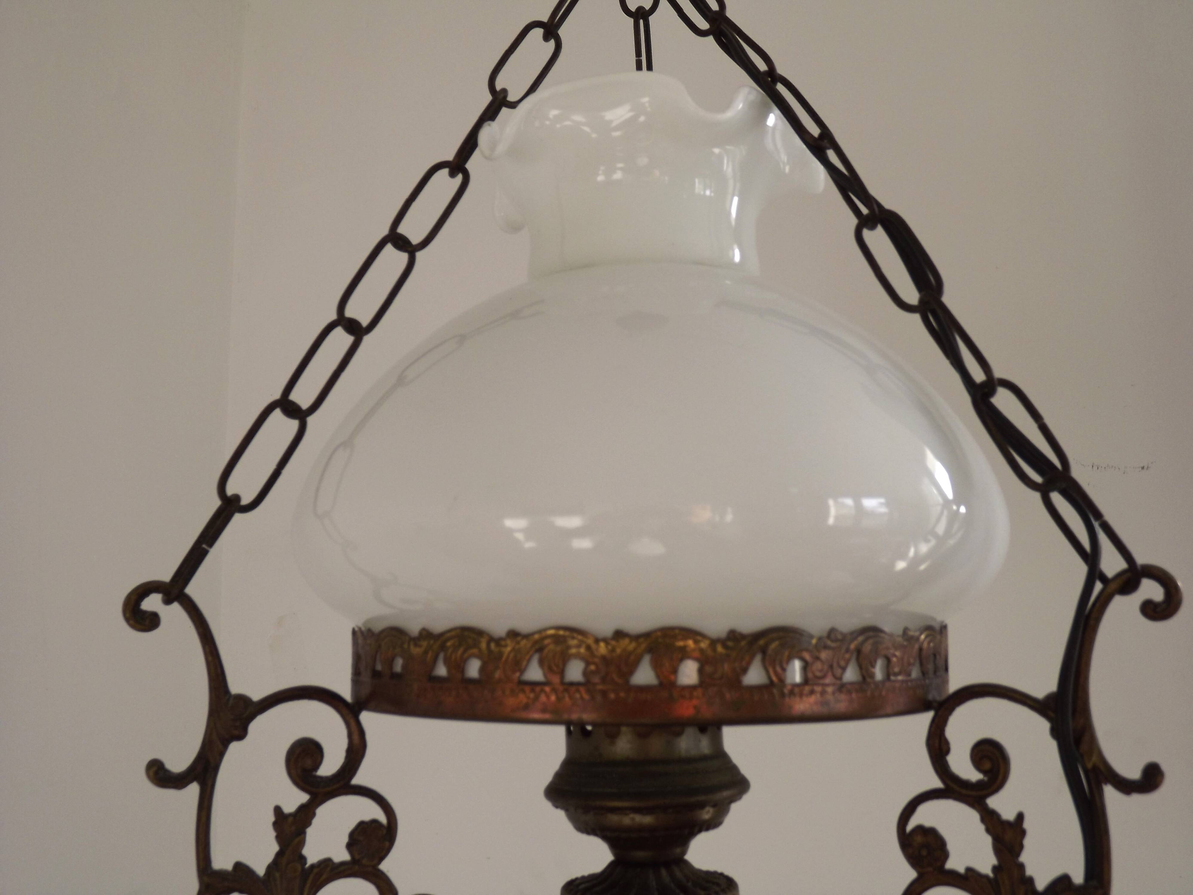 French Vintage Brass Metal And Wood Lantern Ceiling Light White Glass Shade 5120