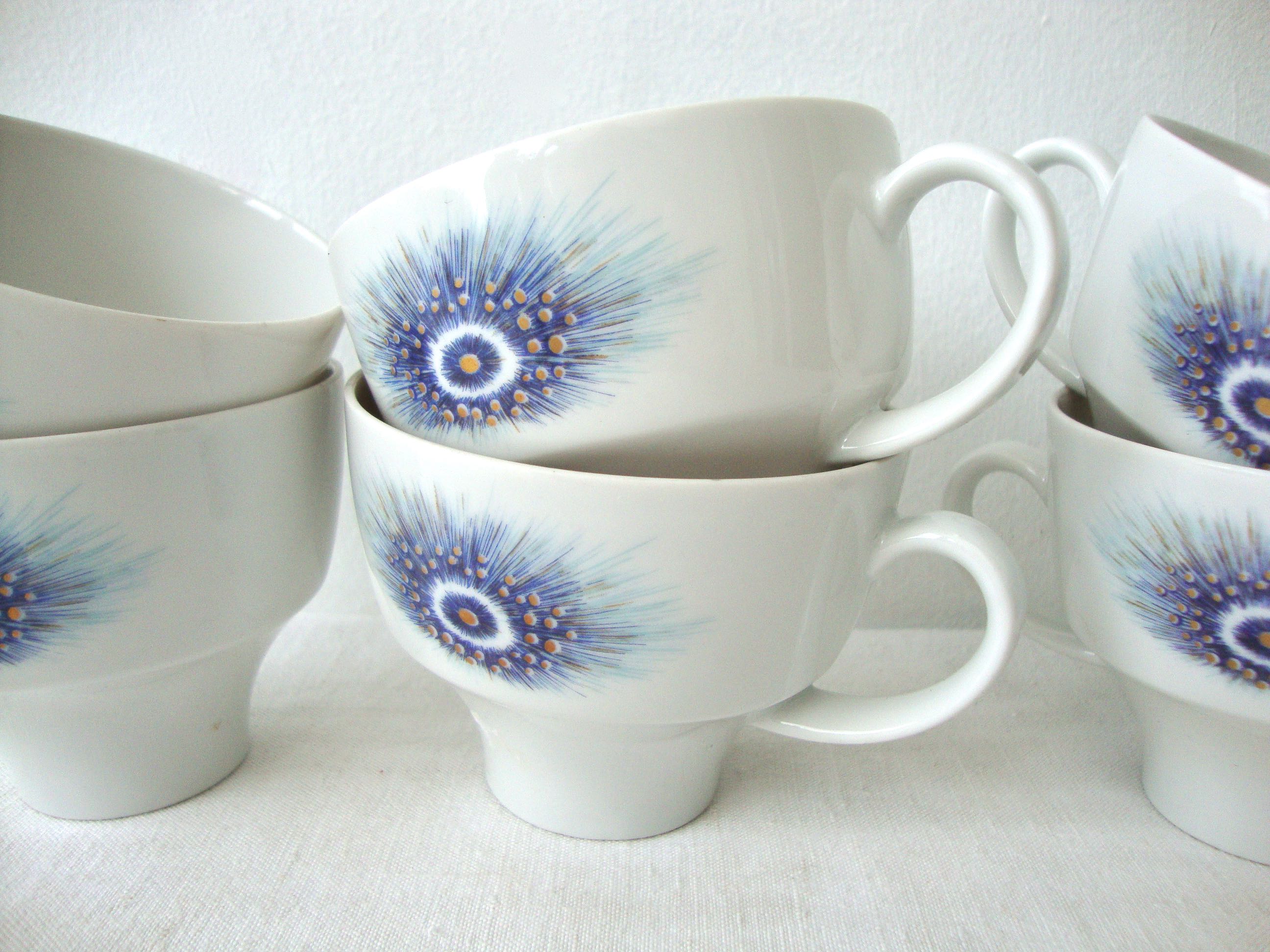 Set of 6 cups peacock feathers