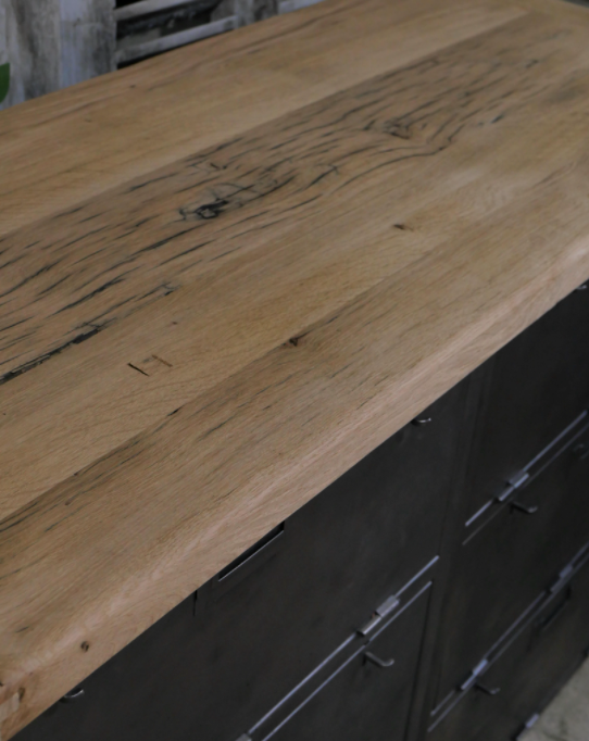 Military furniture metal console with wooden top and 6 drawers