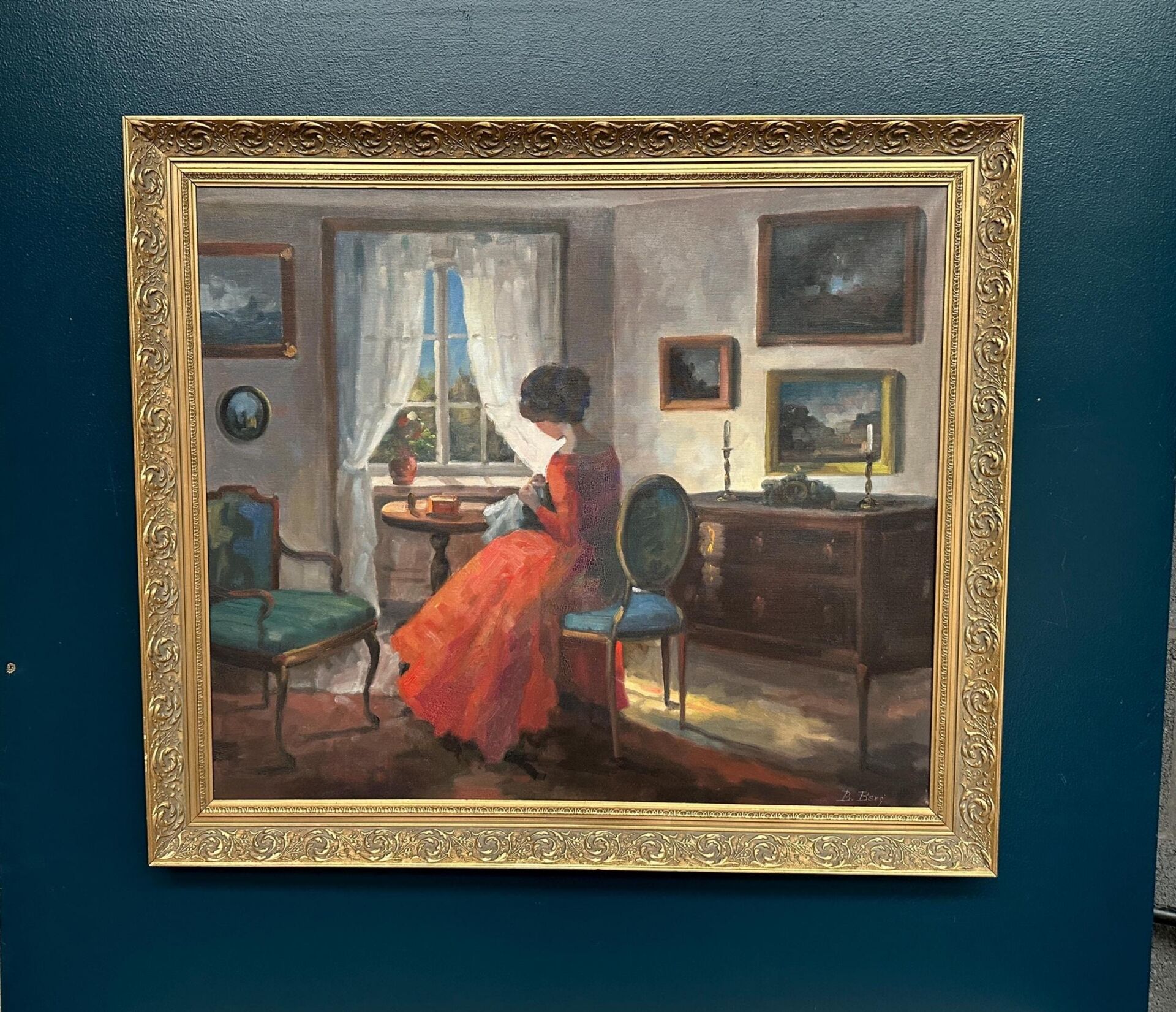 Scandinavian Oil on Canvas – Interior Scene by Bente Berg – Vintage