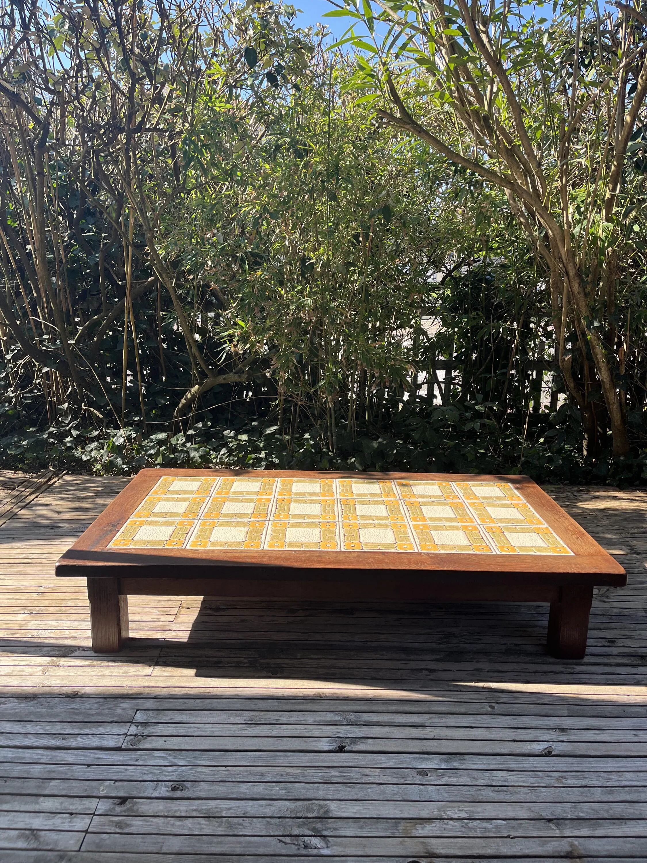 Large vintage 1960s oak and ceramic coffee table.