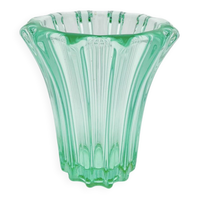 Vase Art Deco Pierre d'Avesn Verre Moulé Vert Absinthe Signé France 16