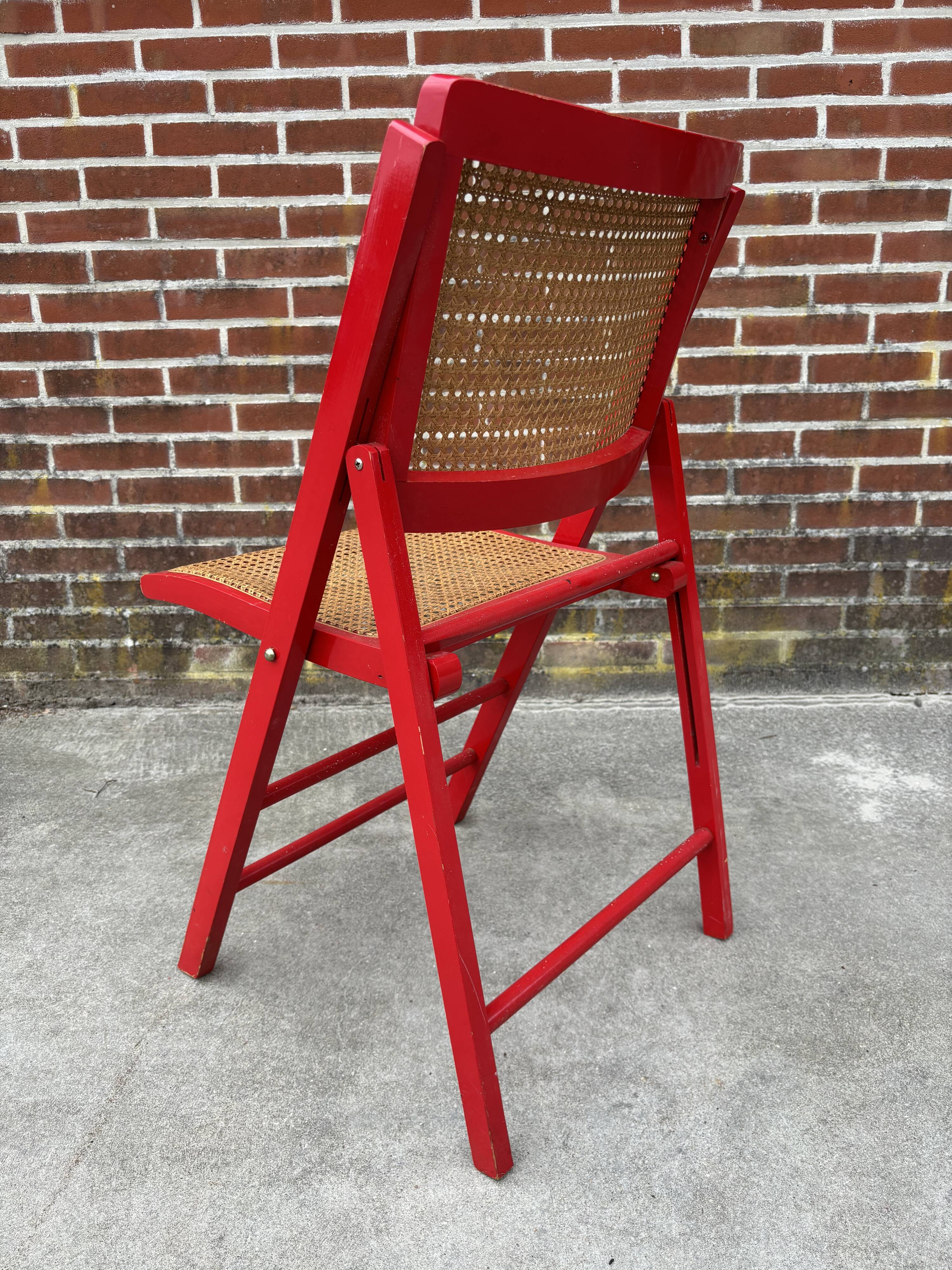Vintage  Mid-Century Woven Cane Folding Chair  1960s in red cesca style