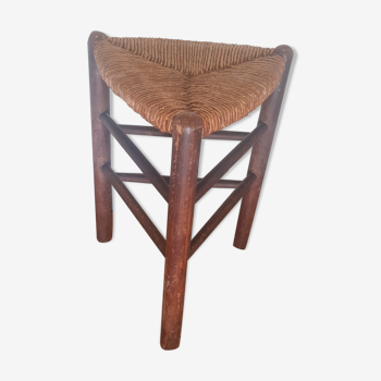 Wooden and straw tripod tabouret