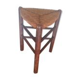 Wooden and straw tripod tabouret