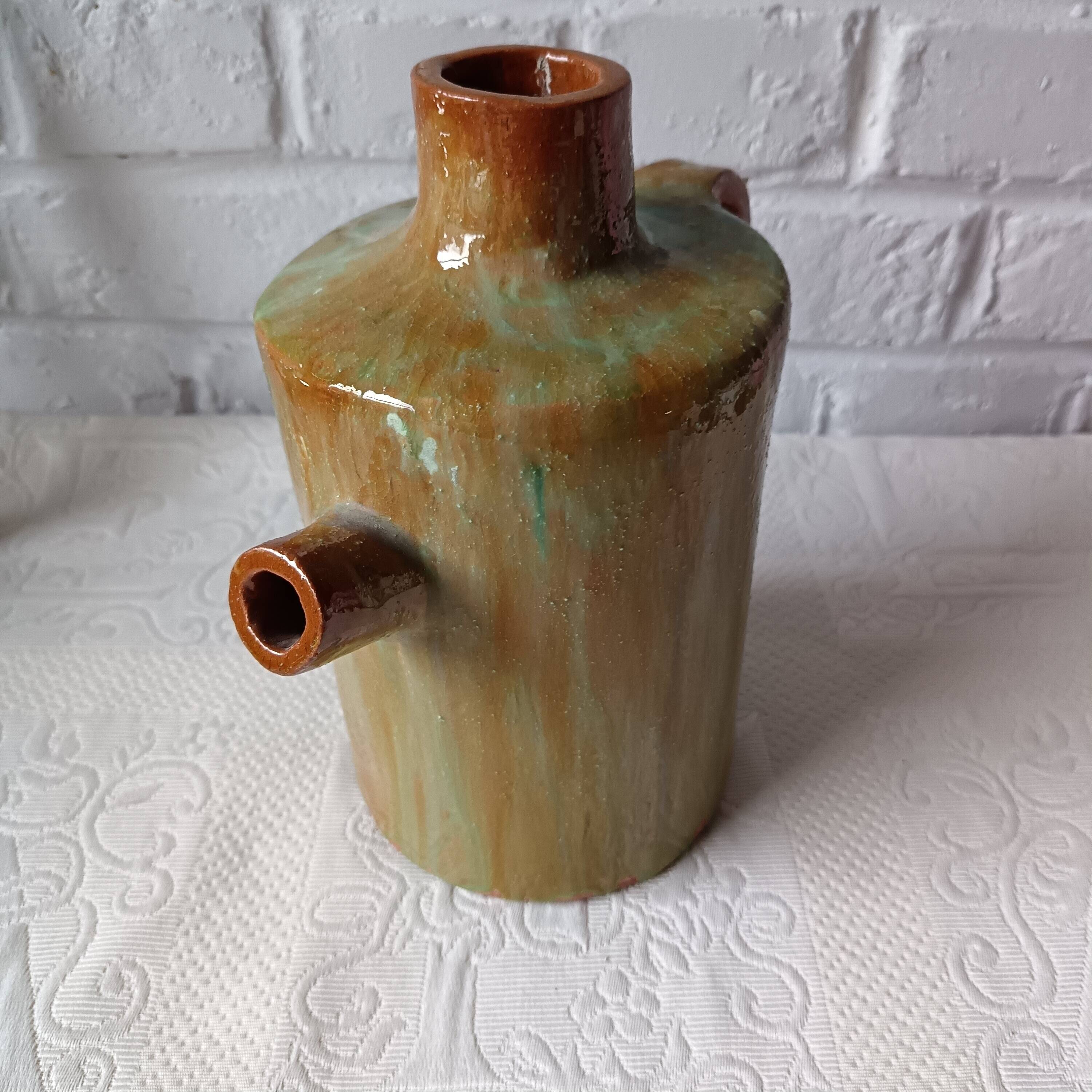 Vintage green enamelled handmade terracotta jar France