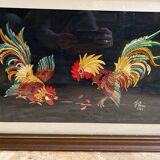 Old tapestry canvas g. perrin roosters signed + wooden frame #b549