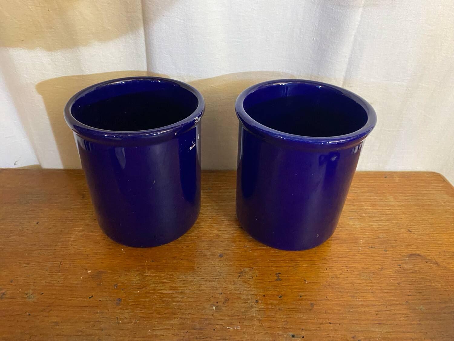 Pair of emile henry blue ceramic coolers vintage tableware