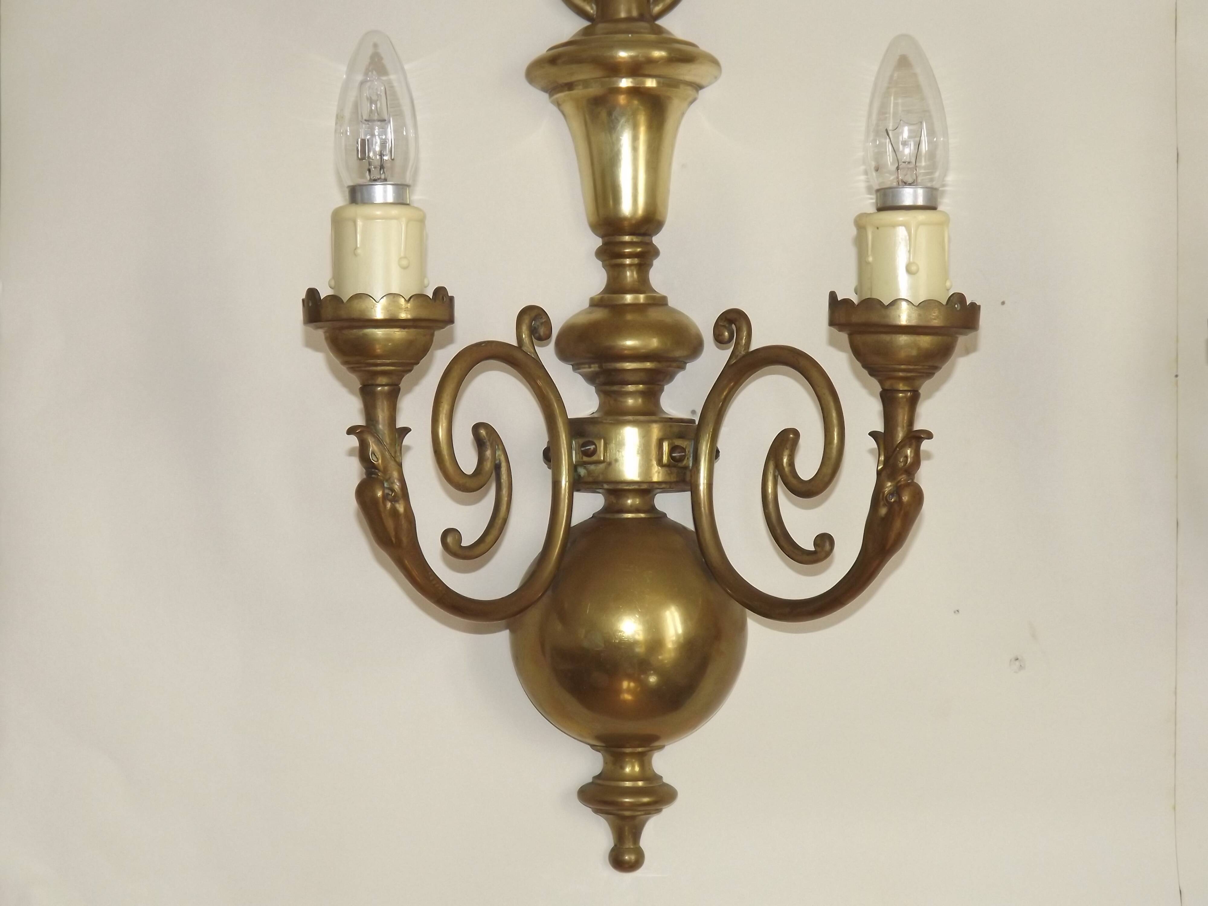 Large Pair of French Vintage Brass Empire Wall Lights with Swan Detail and Glass Shades 4884