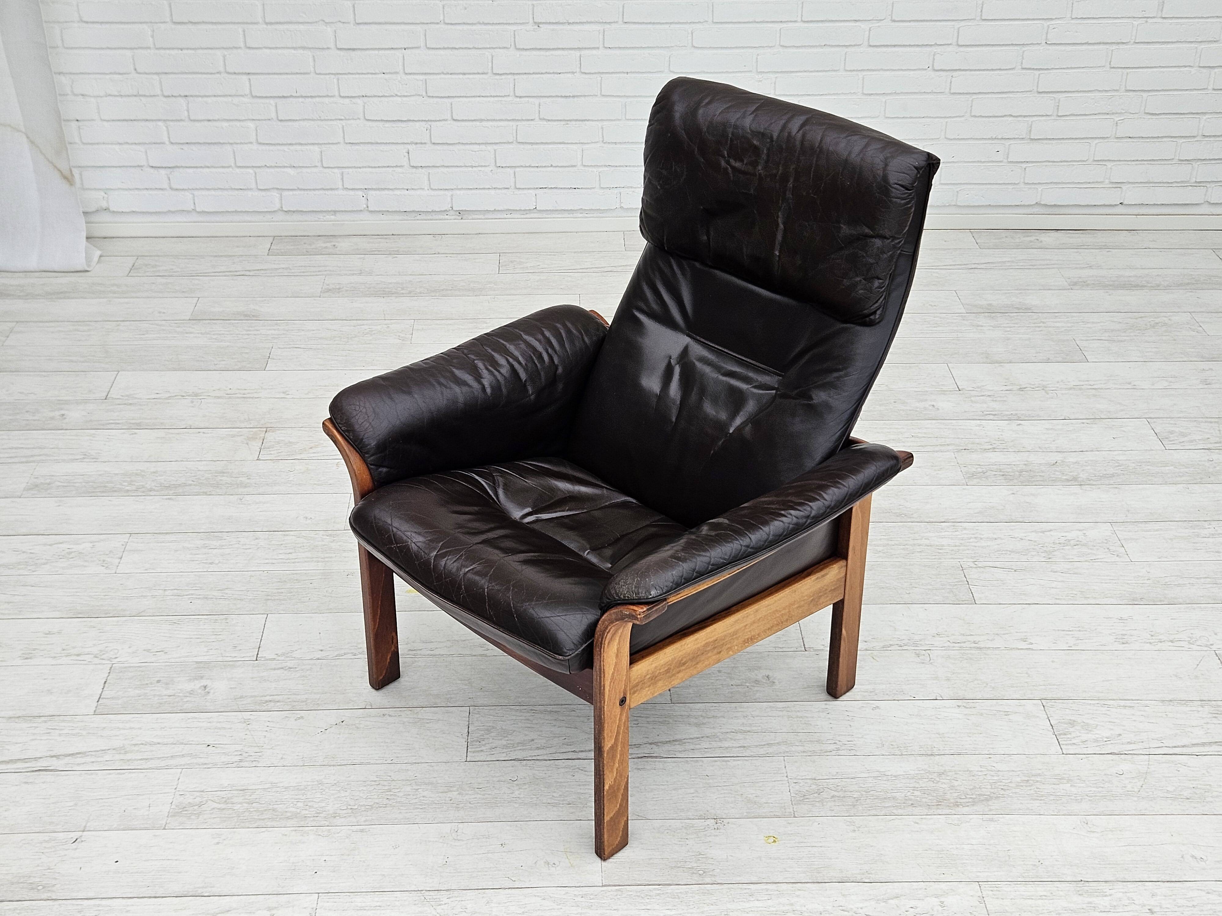 Chaise longue réglable, cuir marron années 1970, design suédois par göte möbler
