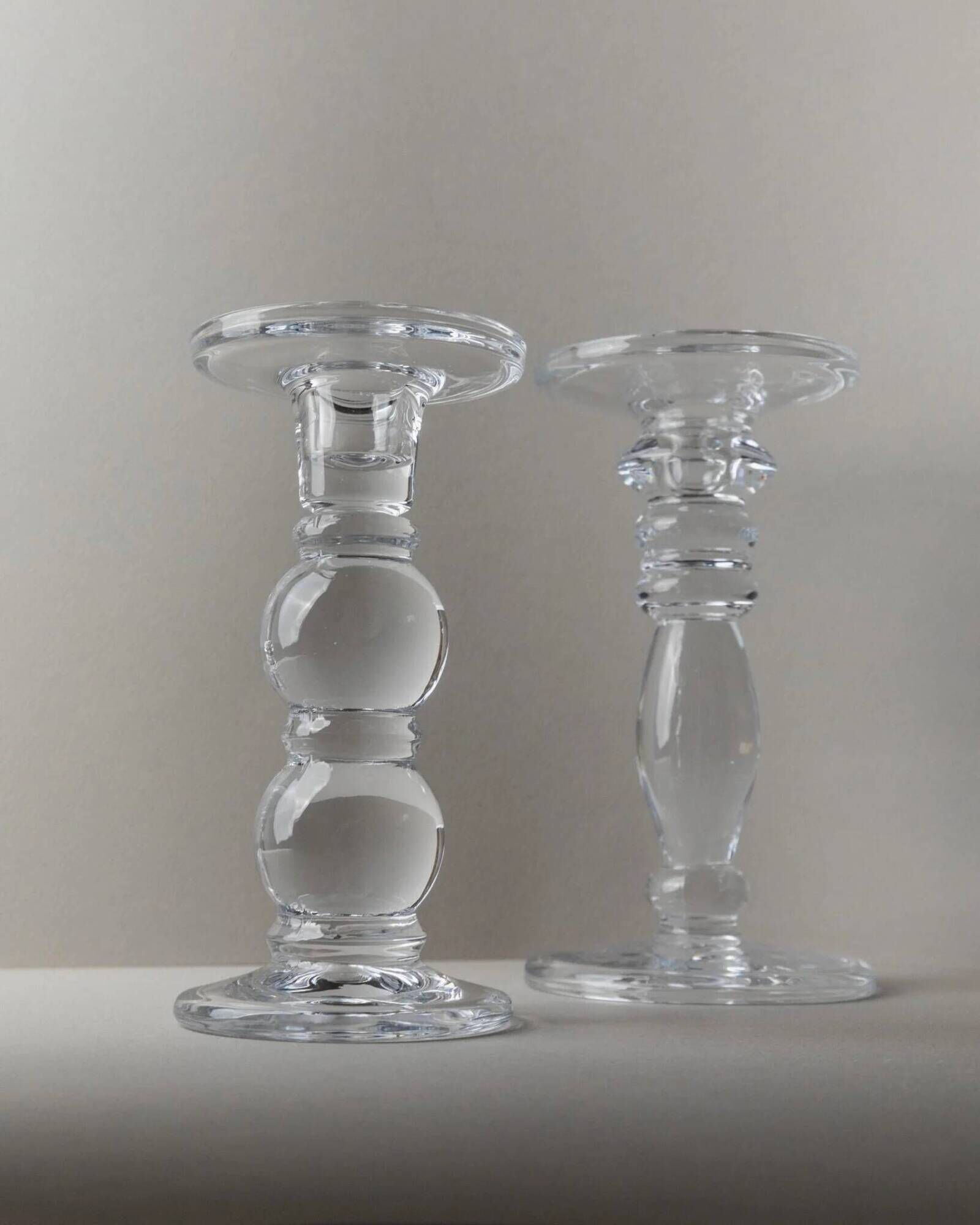 Two Clear Glass Candle Holders, 1990s Italy - Simple Timeless Ball Design, Retro Table Decor Gift