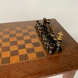 Table chess marqueterie piece sculptee bois 1930