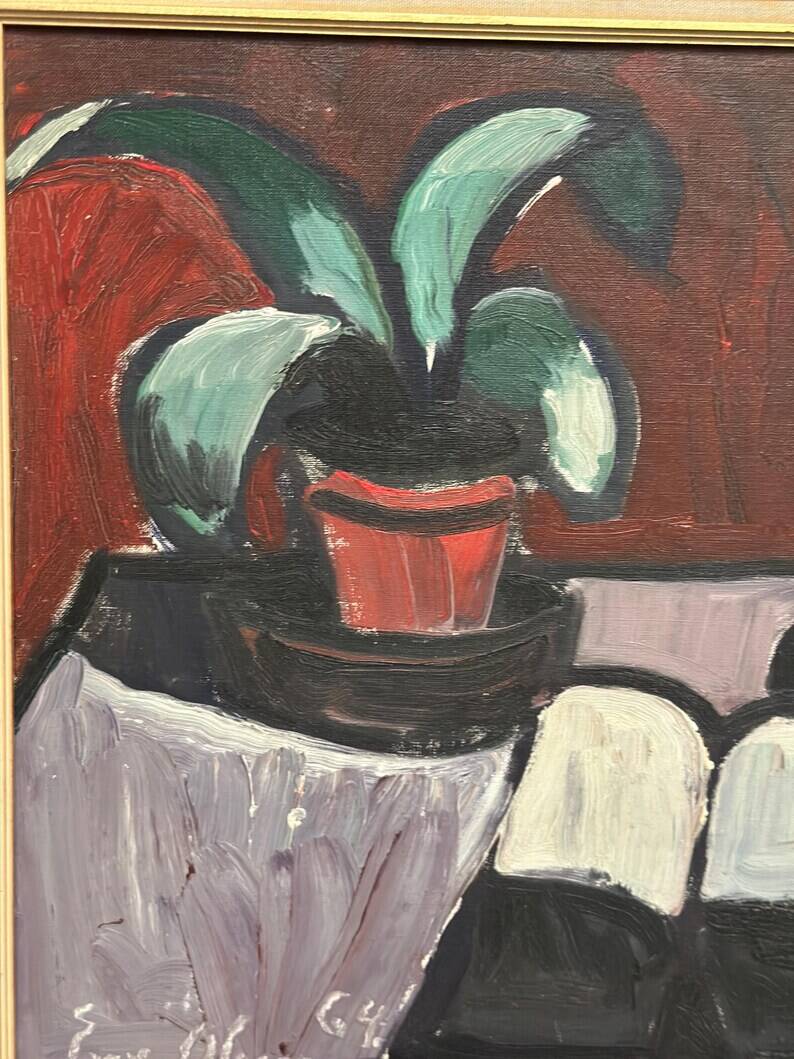 Original Swedish Oil on Canvas – “Pitcher and Plant” by Evy Olesen