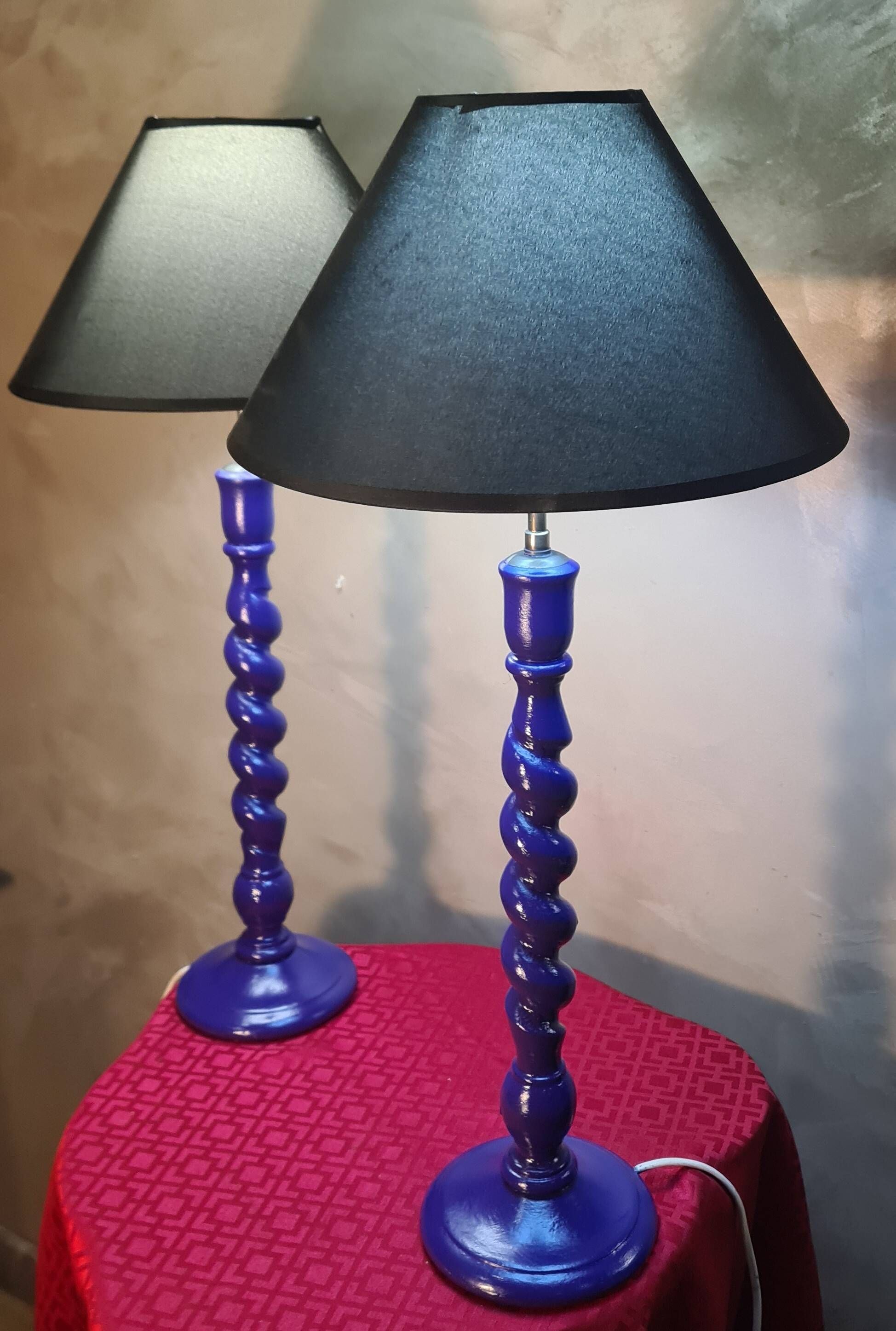 pair of twisted wooden lamps purple electric check 62x30