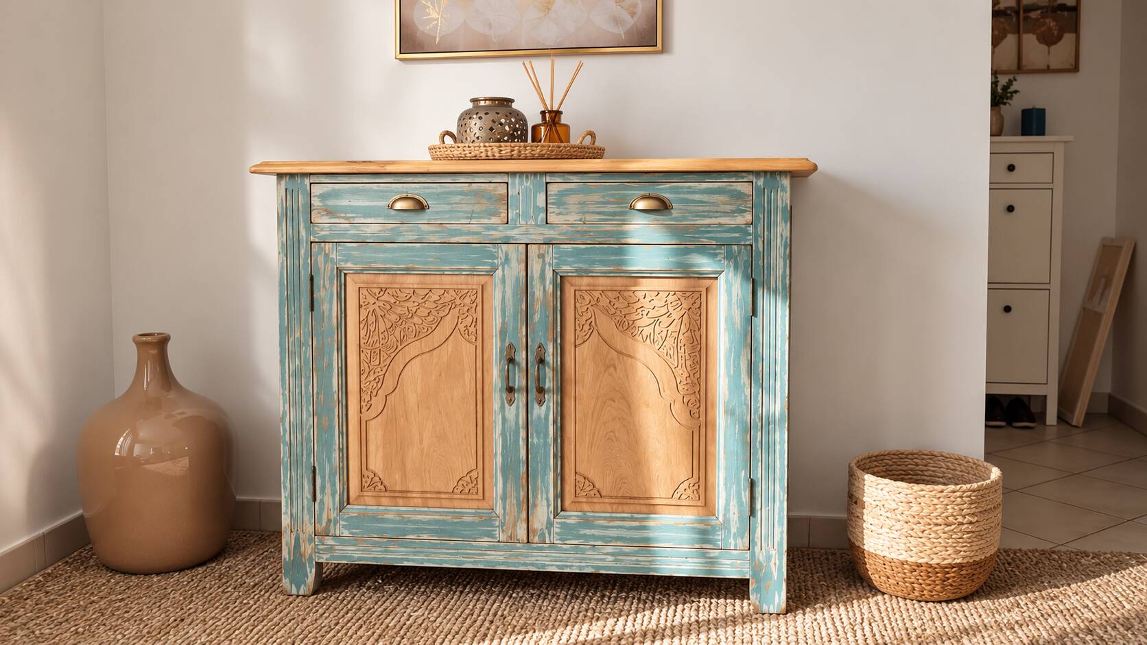 Antique blue-green patinated wooden sideboard – 2 doors, 2 drawers
