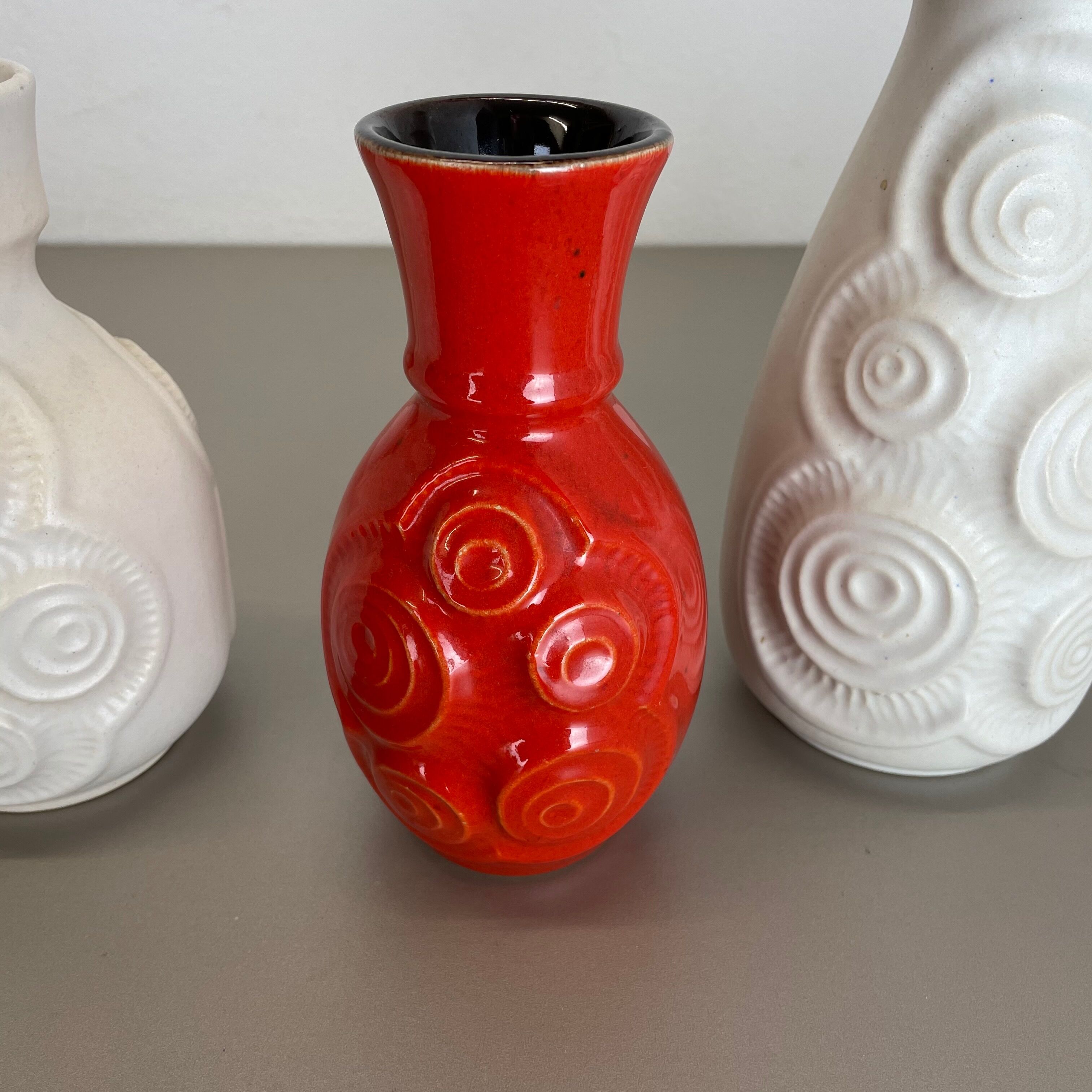 Set of 4 Red-White Fat Lava Op Art Pottery Vases by Bay Ceramics, Germany