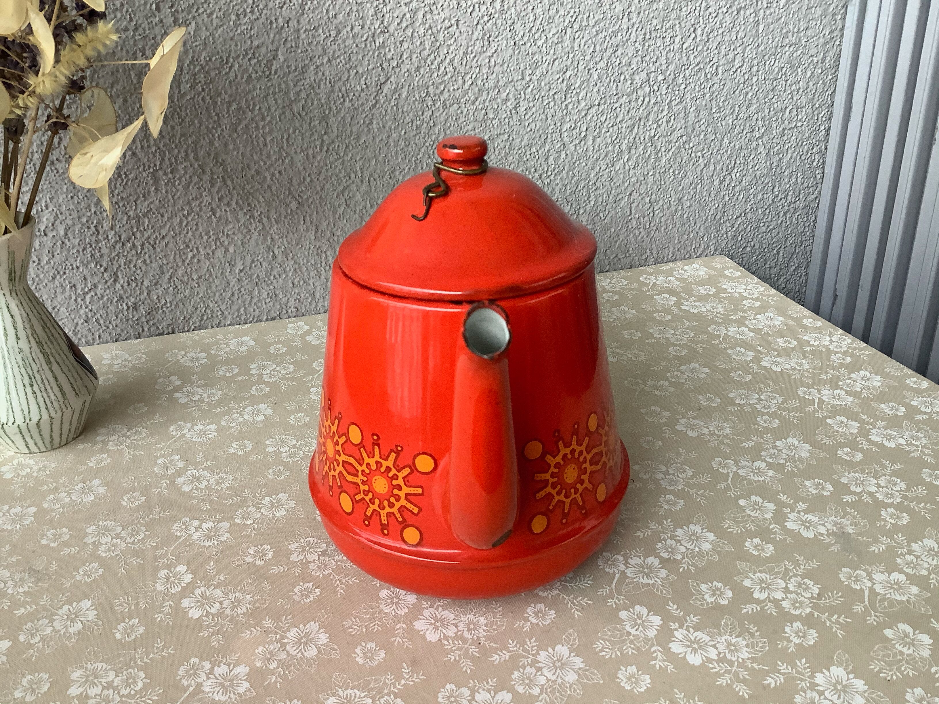 Vintage red enamelled tin teapot