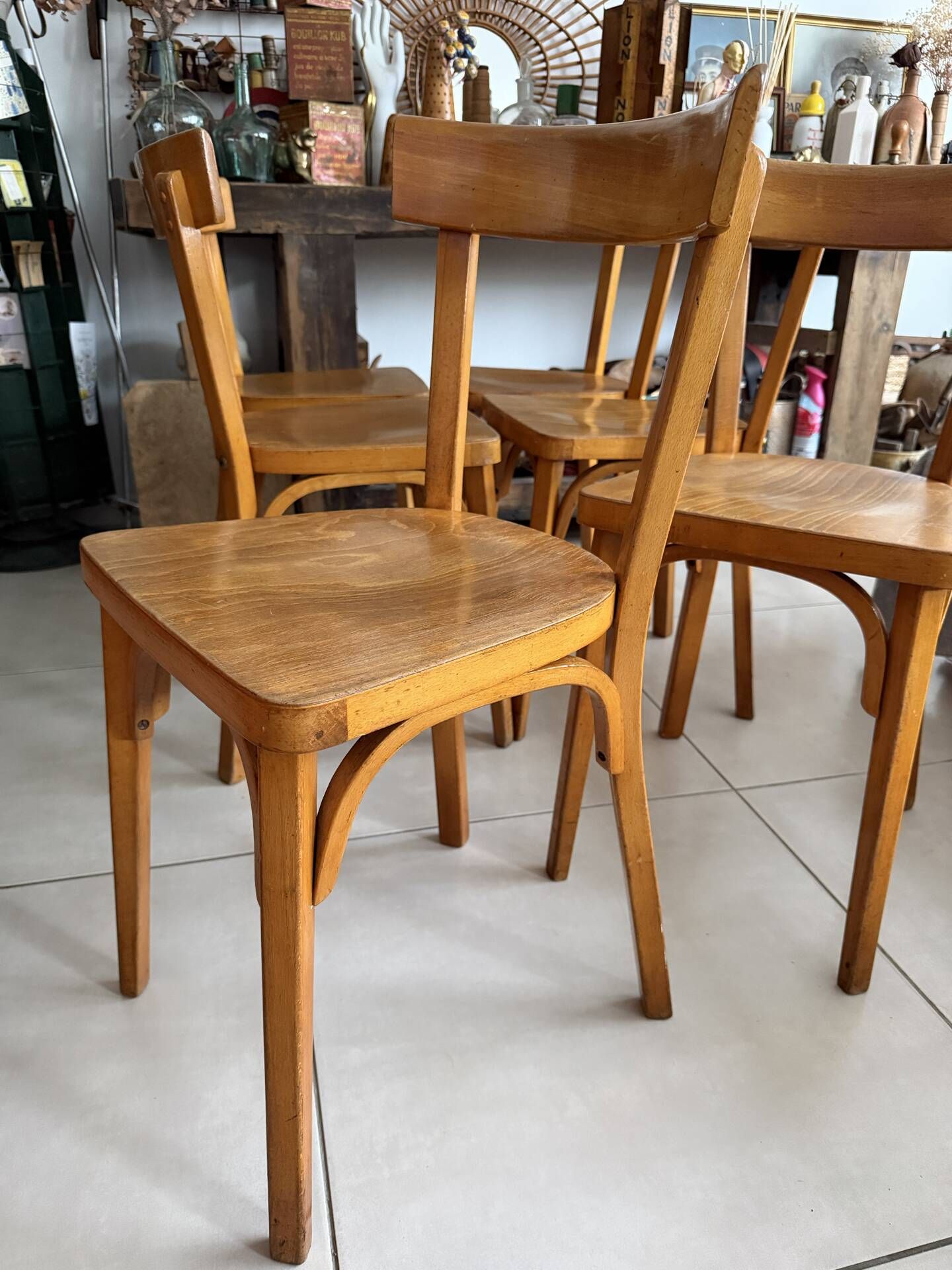 Set of 6 vintage wooden bistro chairs by Baumann