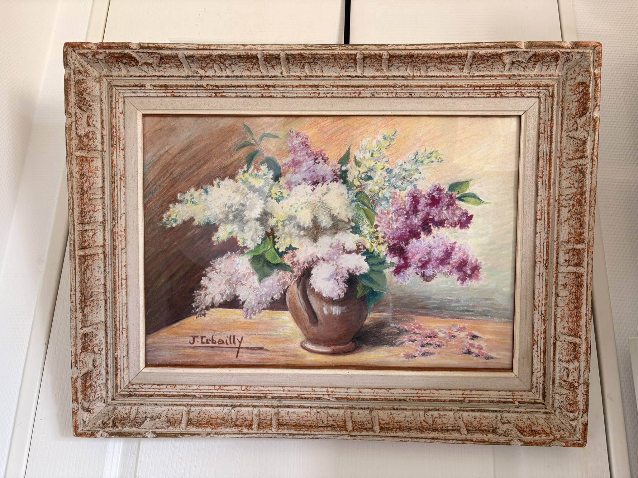 Tableau Drawing Pastel Still Life Lilac Bouquet Flowers Signed Lebailly Enc