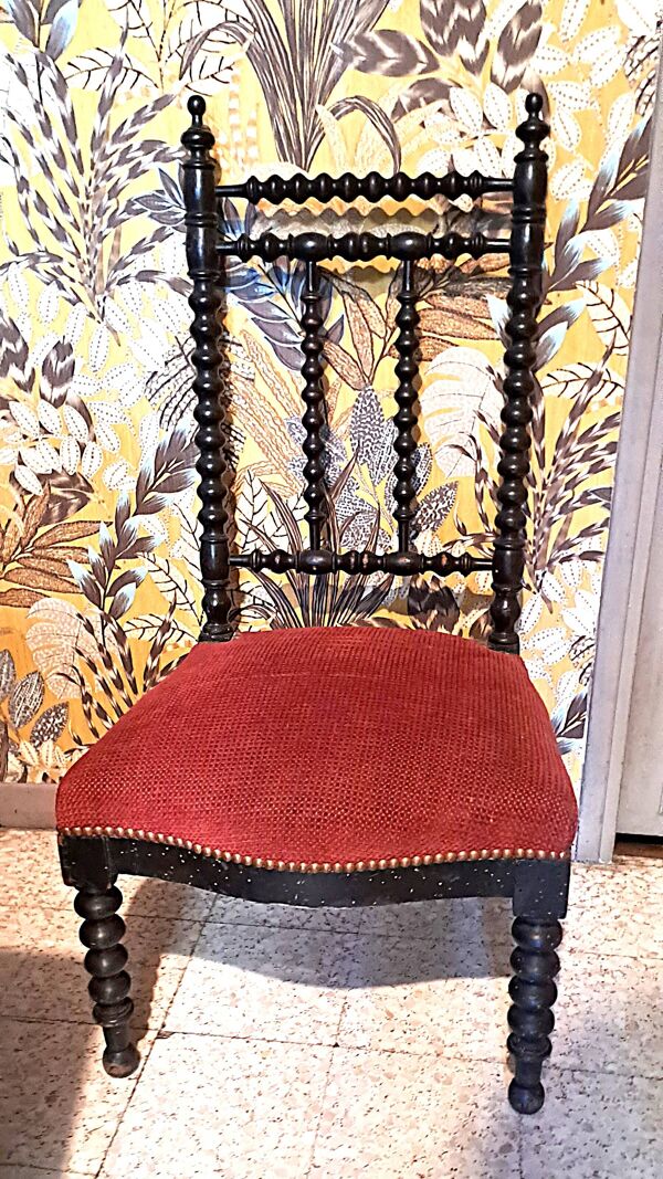 Chaise Prie Dieu Napoléon III bois noir velours rouge 1900