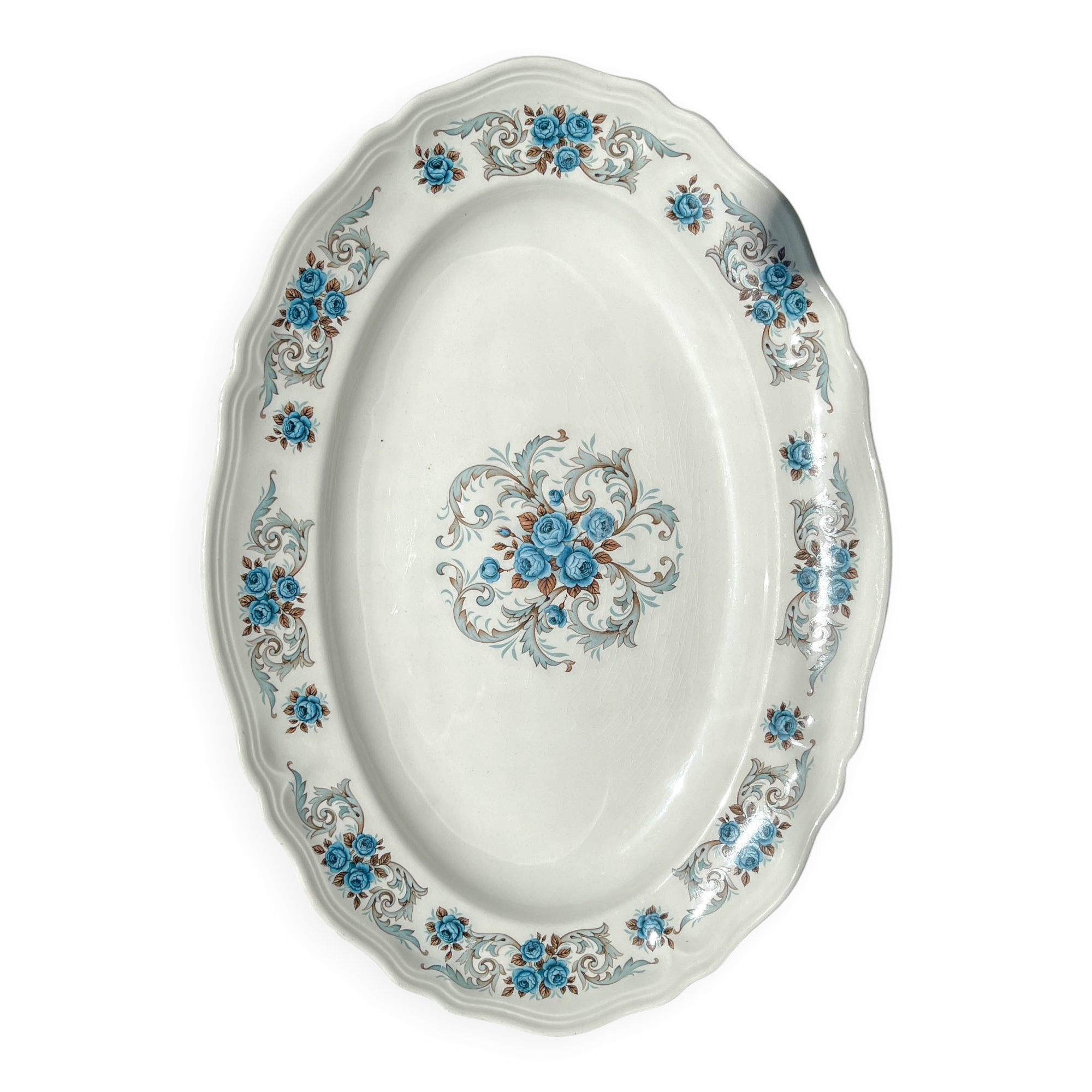 Oval dish Moulin des loups orchis sévigné floral pattern blue gray