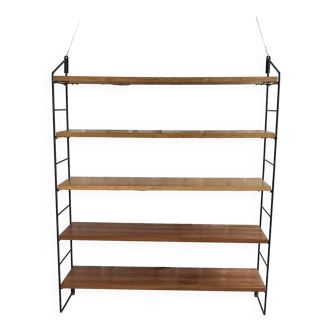 Scandinavian vintage wall shelf String real large model with 5 wood and black metal boards